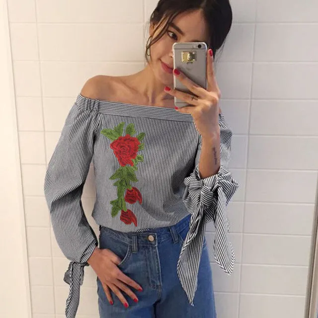 2017 Sexy Women Blouses Slash Neck Off Shoulder Tops Bow Long Sleeve Casual Shirts Blue White Striped Party Blusas Plus Size 3XL