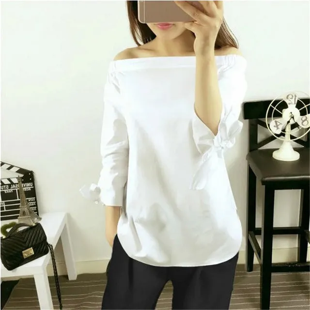 2017 Sexy Women Blouses Slash Neck Off Shoulder Tops Bow Long Sleeve Casual Shirts Blue White Striped Party Blusas Plus Size 3XL