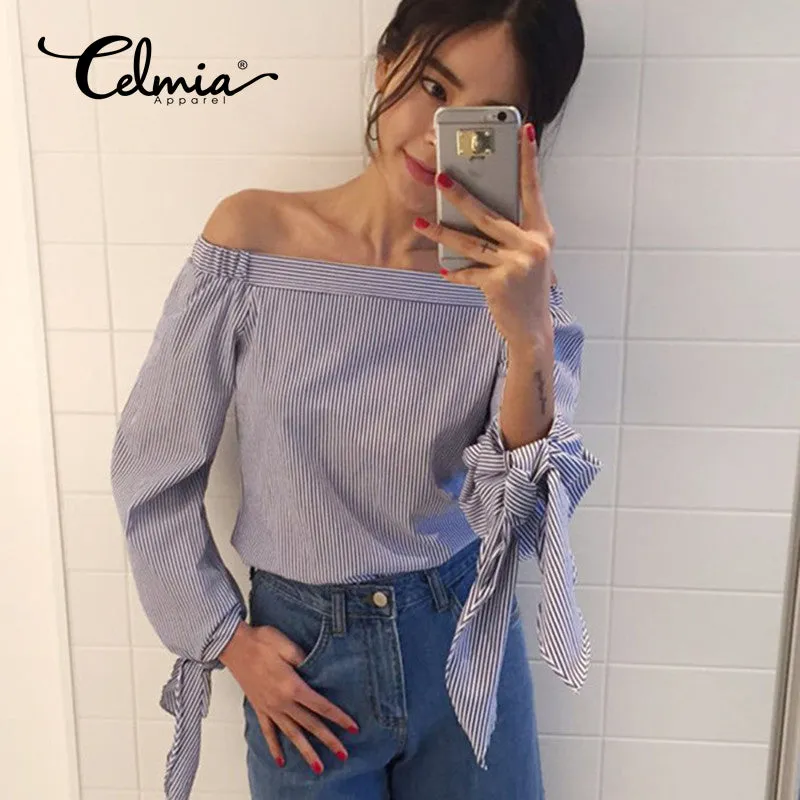 2017 Sexy Women Blouses Slash Neck Off Shoulder Tops Bow Long Sleeve Casual Shirts Blue White Striped Party Blusas Plus Size 3XL