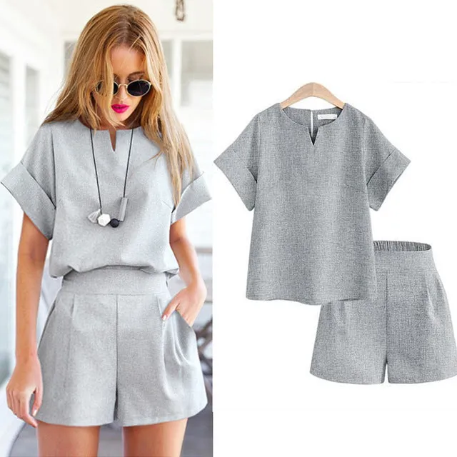 2017 Women Summer Style Casual Cotton Linen Top Shirt Feminine Pure Color Female Office Suit Set Women's Costumes Hot Short Sets