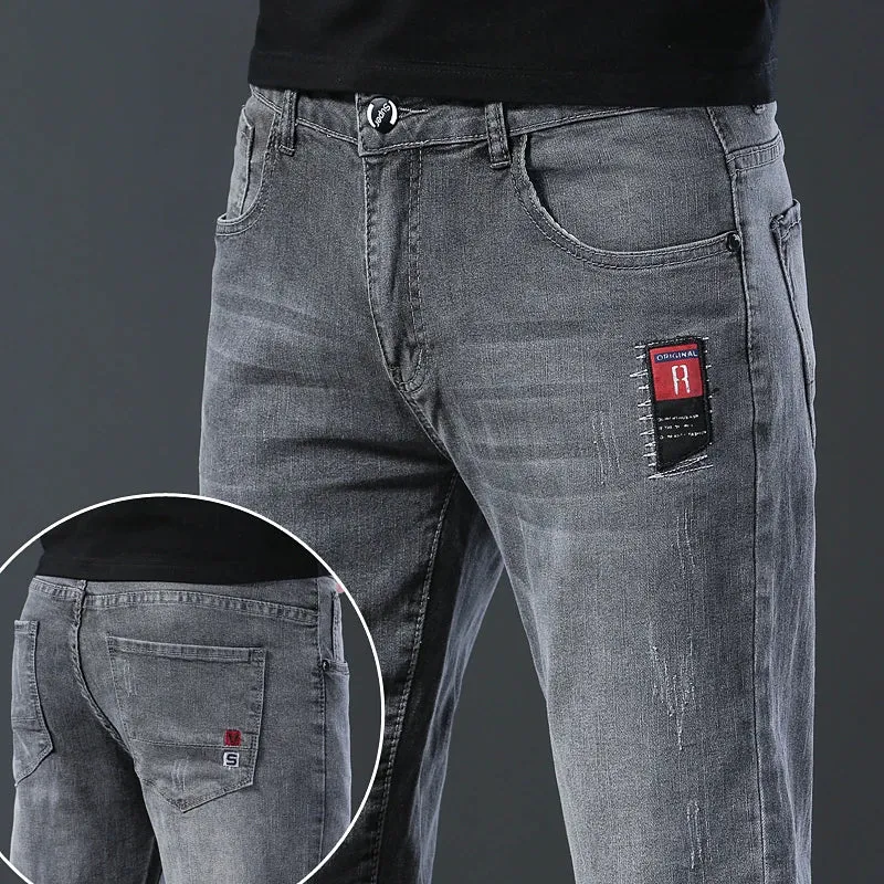 2024 New Fashion Jeans Men Korean Style Straight Grey Middle  Waist Pants Male Casual Denim Trousers