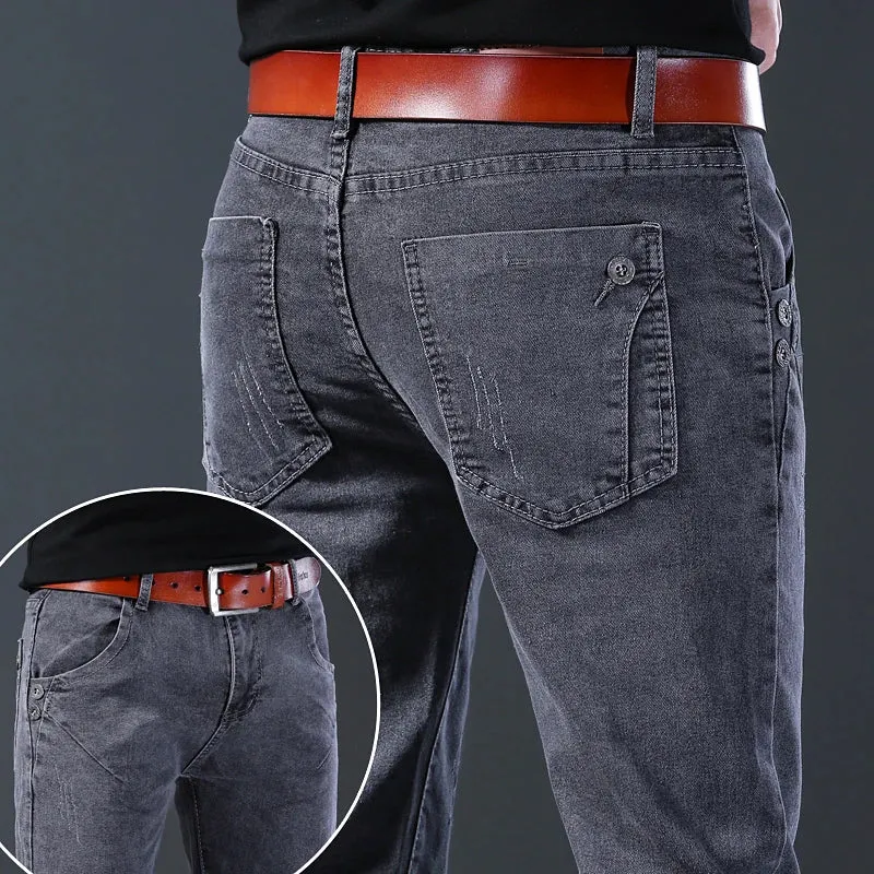 2024 New Fashion Jeans Men Korean Style Straight Grey Middle  Waist Pants Male Casual Denim Trousers