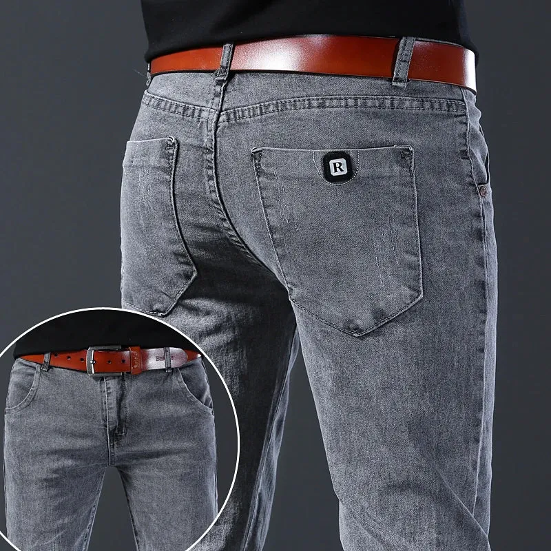 2024 New Fashion Jeans Men Korean Style Straight Grey Middle  Waist Pants Male Casual Denim Trousers