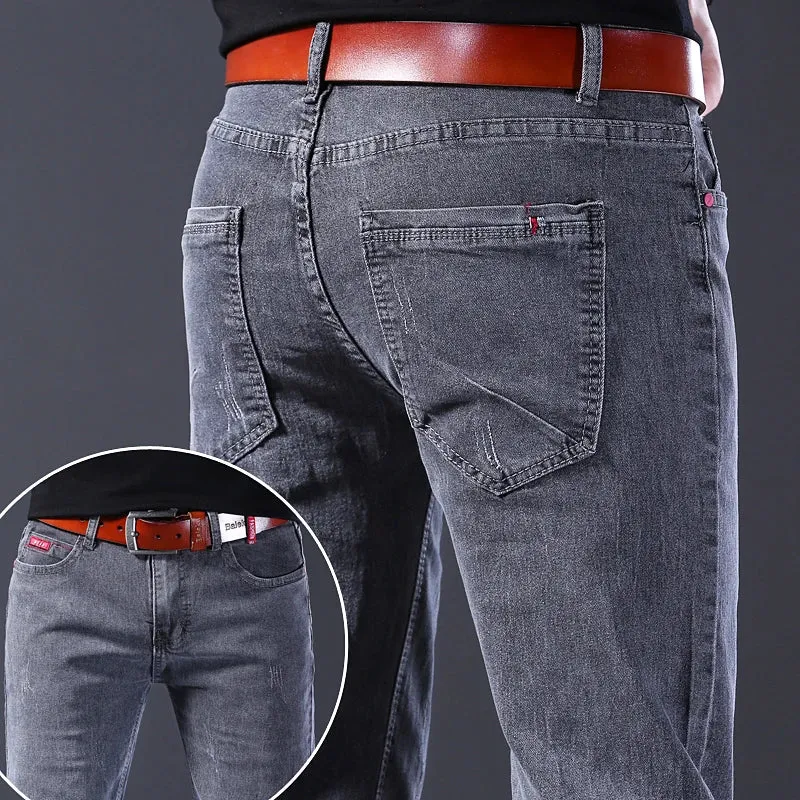 2024 New Fashion Jeans Men Korean Style Straight Grey Middle  Waist Pants Male Casual Denim Trousers