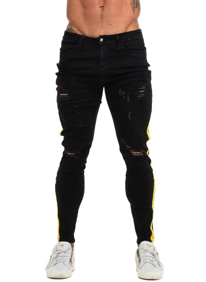 3768 Black Ripped Side Stripe Skinny Stretch Jeans