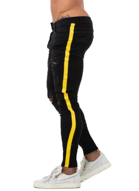 3768 Black Ripped Side Stripe Skinny Stretch Jeans