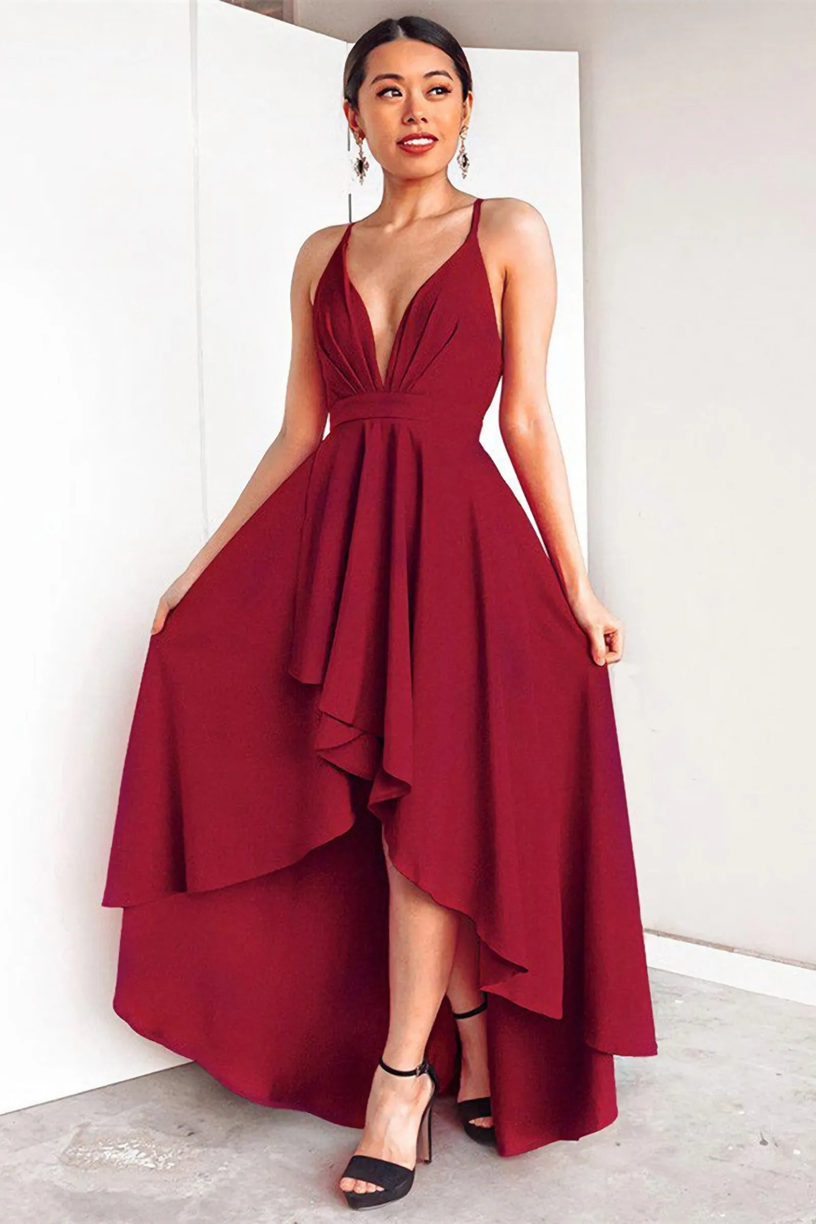 A Line High Low V Neck Backless Burgundy Prom Dresses,Satin Evening Dress