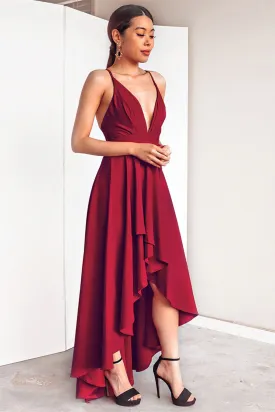 A Line High Low V Neck Backless Burgundy Prom Dresses,Satin Evening Dress