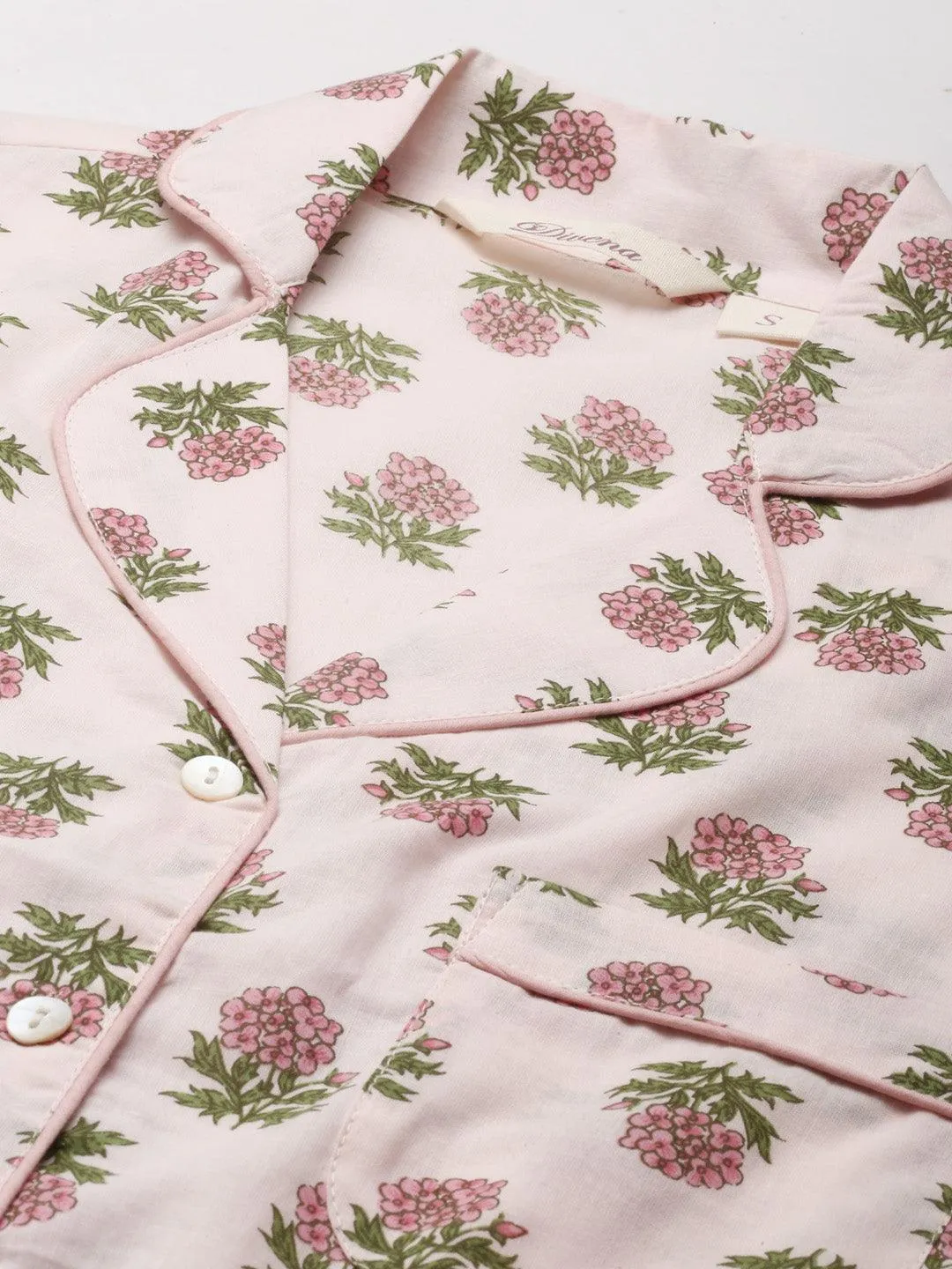 Baby Pink Cotton Floral Print Night Suit