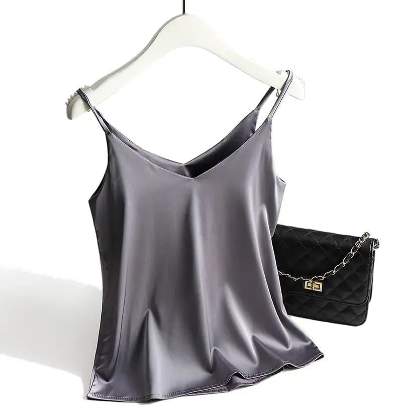 Basic Satin Camisole - Silk and Polyester Fabric, Regular Length, Available in Multiple Sizes and Colors