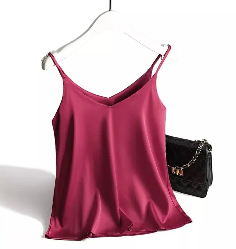 Basic Satin Camisole - Silk and Polyester Fabric, Regular Length, Available in Multiple Sizes and Colors