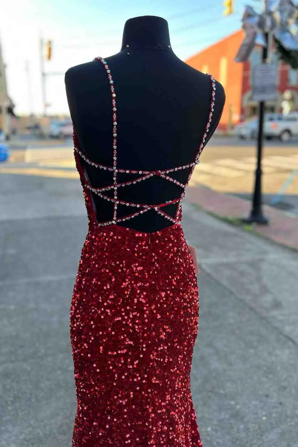 Beaded Straps Burgundy Sequins Mermaid Long Prom Dress,Evening Dresses Elegant