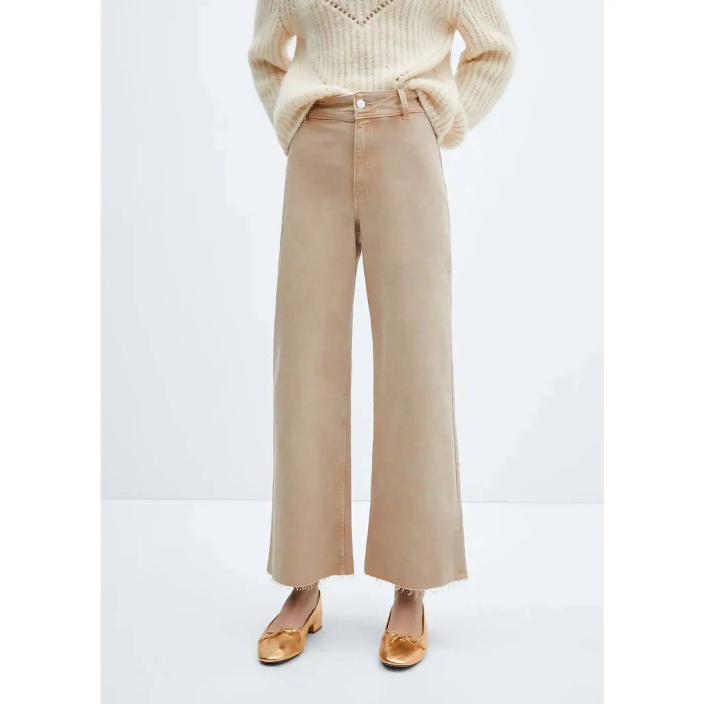 Beige Wide Leg Cropped Jeans