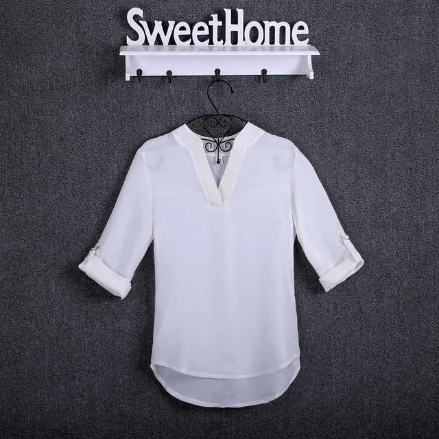 BIBOYAMALL Women Blouses Fashion Chiffon Blouse Shirts Women's tops Soild Long Sleeve Casual V-Neck Blusas Plus Size 4XL/5XL