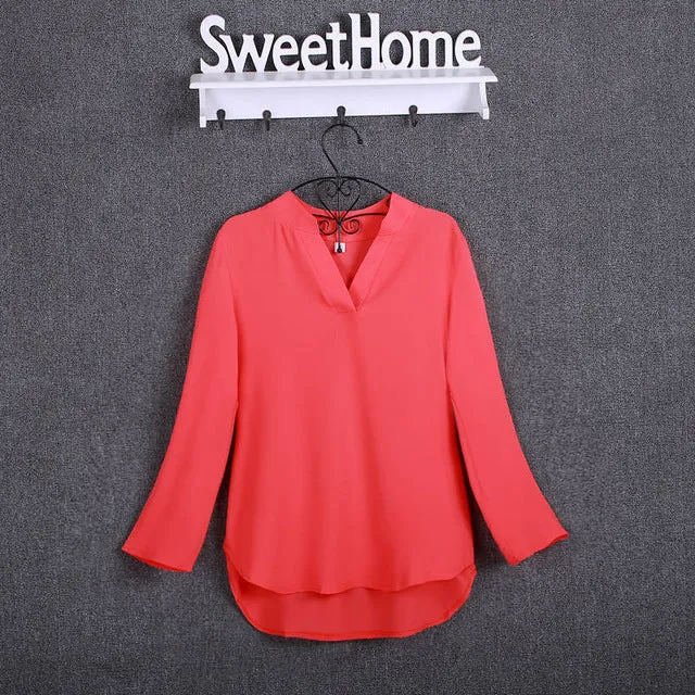 BIBOYAMALL Women Blouses Fashion Chiffon Blouse Shirts Women's tops Soild Long Sleeve Casual V-Neck Blusas Plus Size 4XL/5XL