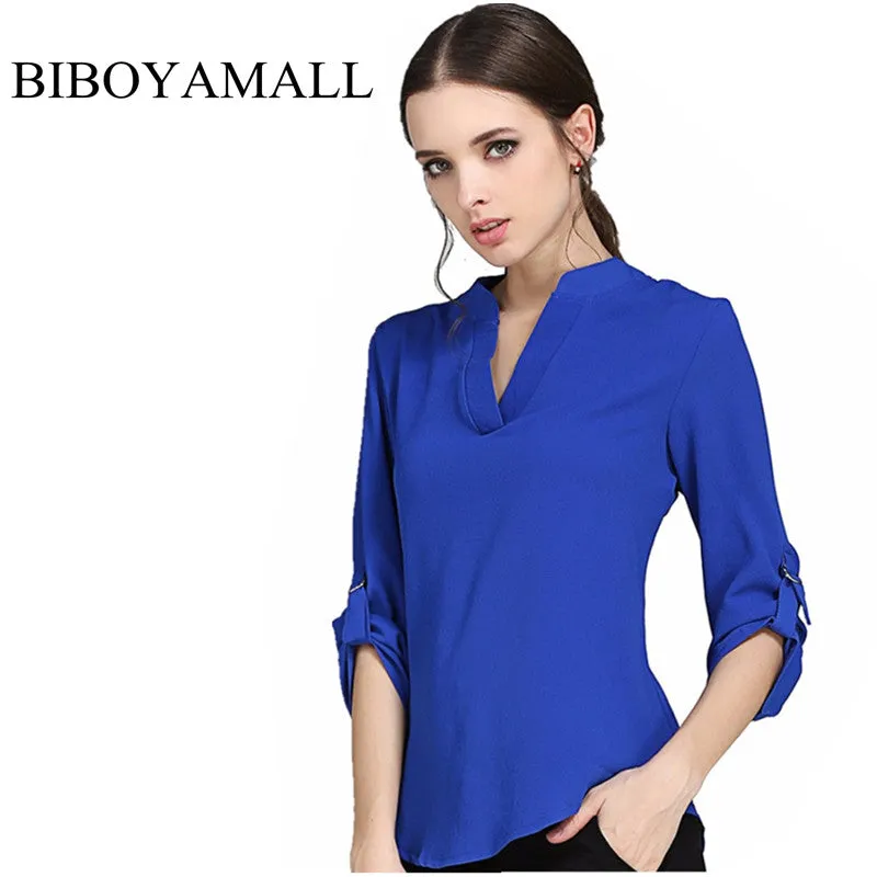 BIBOYAMALL Women Blouses Fashion Chiffon Blouse Shirts Women's tops Soild Long Sleeve Casual V-Neck Blusas Plus Size 4XL/5XL