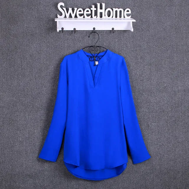 BIBOYAMALL Women Blouses Fashion Chiffon Blouse Shirts Women's tops Soild Long Sleeve Casual V-Neck Blusas Plus Size 4XL/5XL