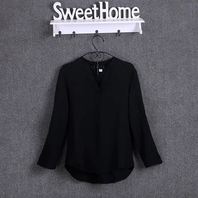 BIBOYAMALL Women Blouses Fashion Chiffon Blouse Shirts Women's tops Soild Long Sleeve Casual V-Neck Blusas Plus Size 4XL/5XL