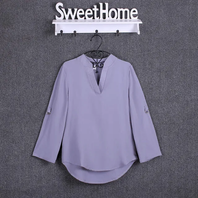 BIBOYAMALL Women Blouses Fashion Chiffon Blouse Shirts Women's tops Soild Long Sleeve Casual V-Neck Blusas Plus Size 4XL/5XL