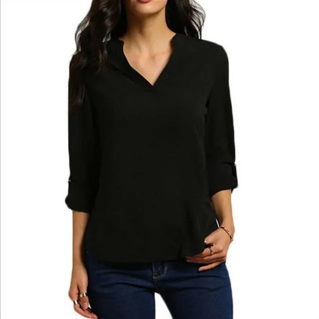 Blusas Femininas New Women V Neck Solid Chiffon t shirt Tops Sexy Fashion OL Long Sleeve Shirts 4 Colors Size M-XXL Hot