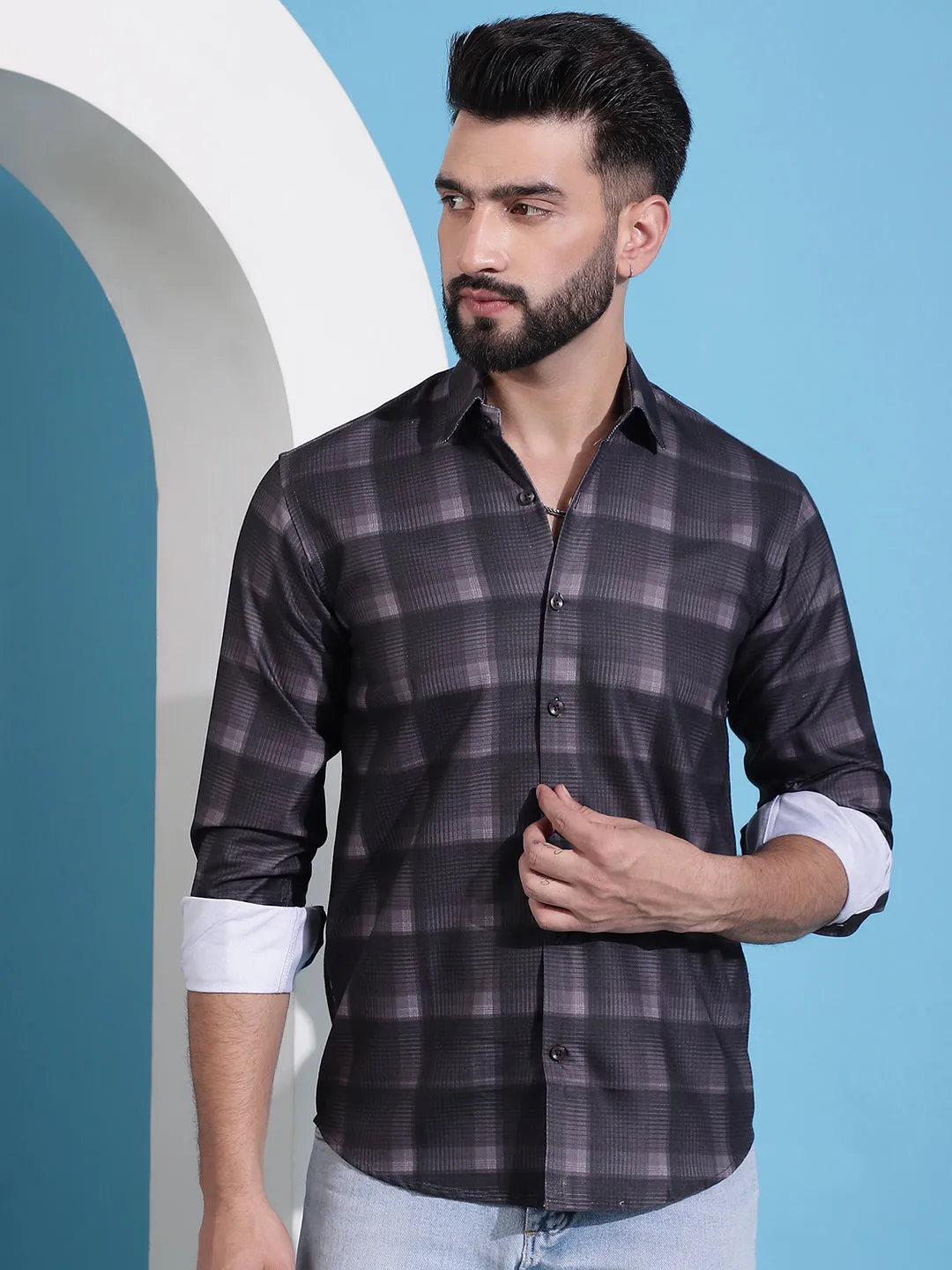 Brown Checked Cotton Casual Shirt For Men