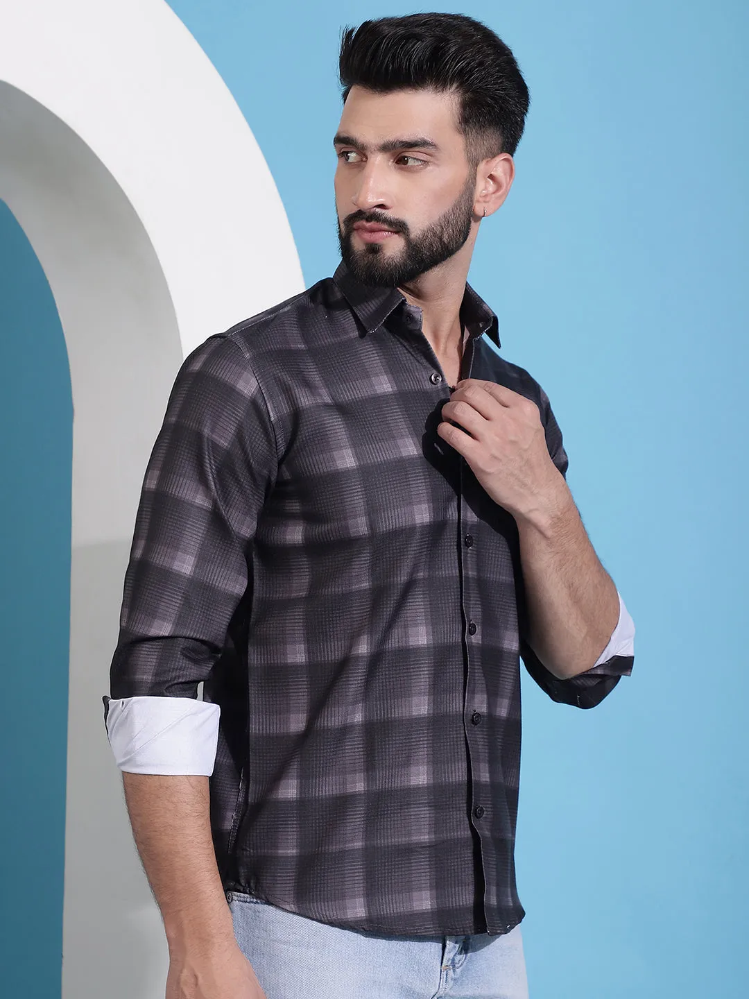 Brown Checked Cotton Casual Shirt For Men