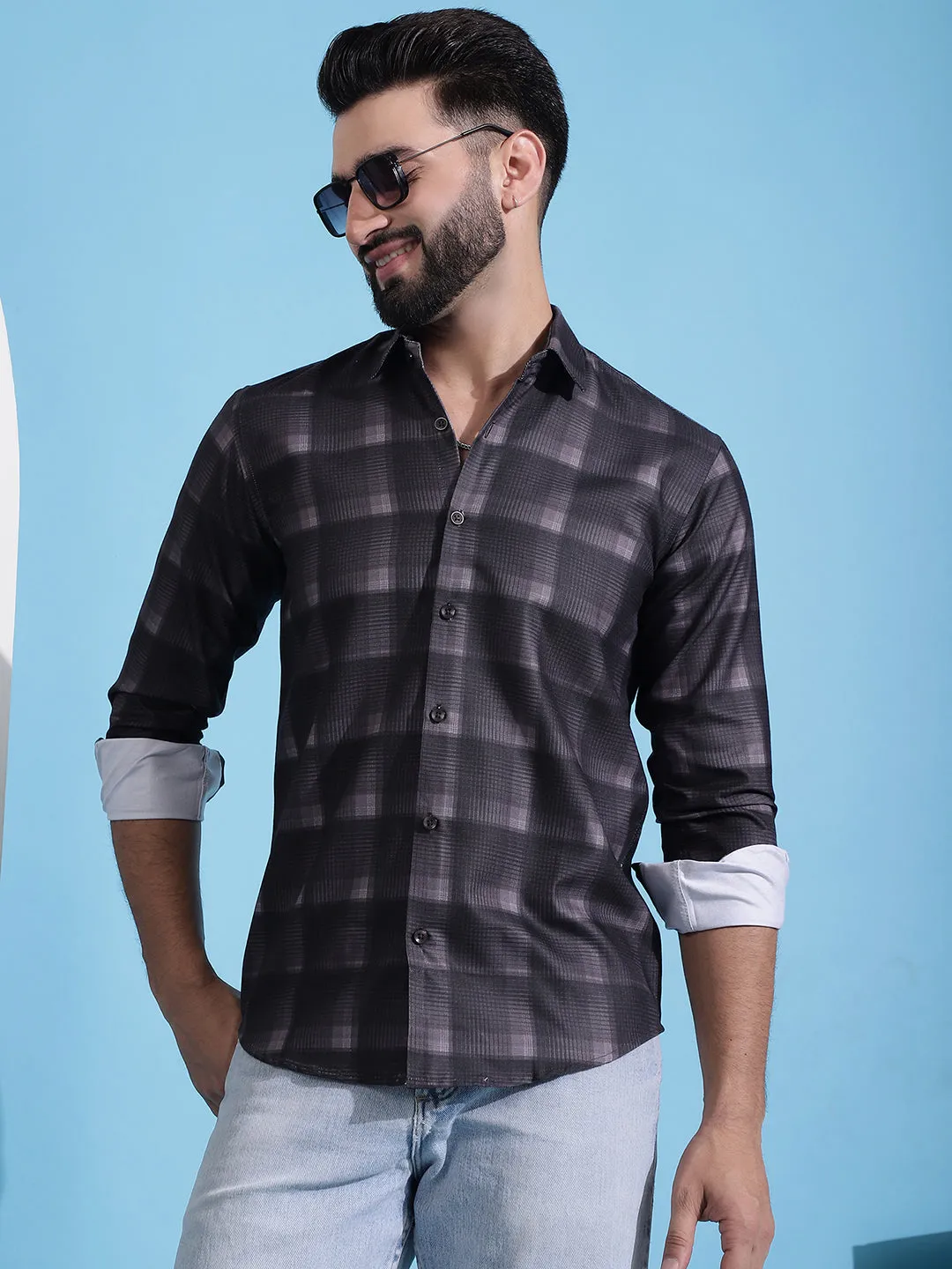 Brown Checked Cotton Casual Shirt For Men