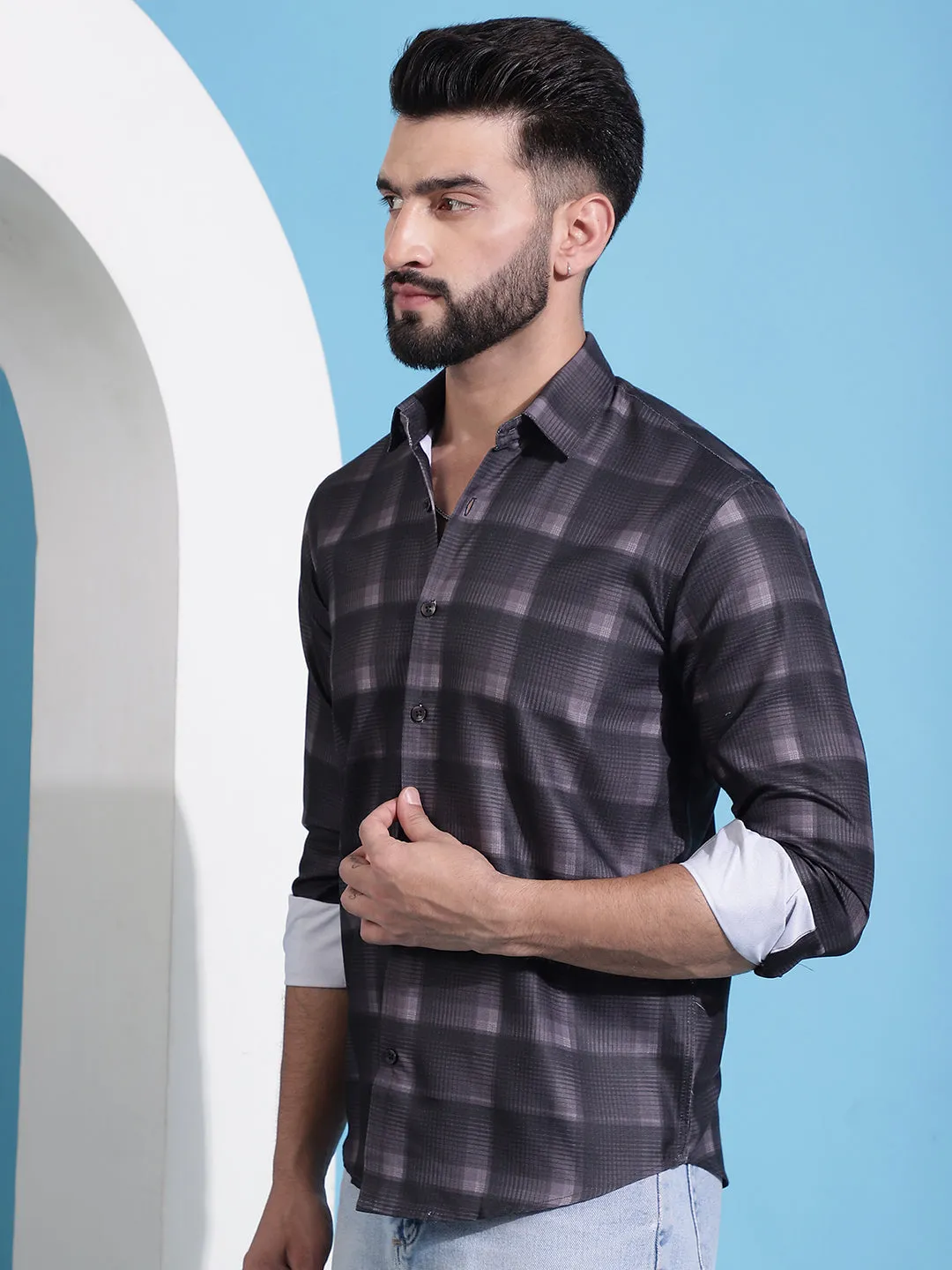 Brown Checked Cotton Casual Shirt For Men