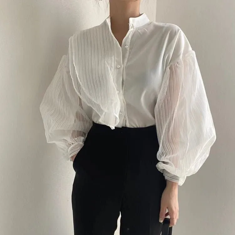 Chic Transparent Blouse with Ruffle Decoration & Puff Sleeves