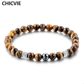 CHICVIE Tiger Eye Natural Beads Men Strand Bracelets & Bangles Silver color Bracelets With Stones Brand Jewelry SBR160124