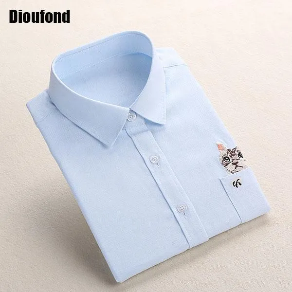 Dioufond Cat Embroidery Long Sleeve Women Blouses And Shirts White Blue Female Ladies Casual Shirt Tops Plus Size Blusas Blouse