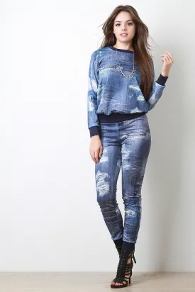 Distress Denim Print Joggers