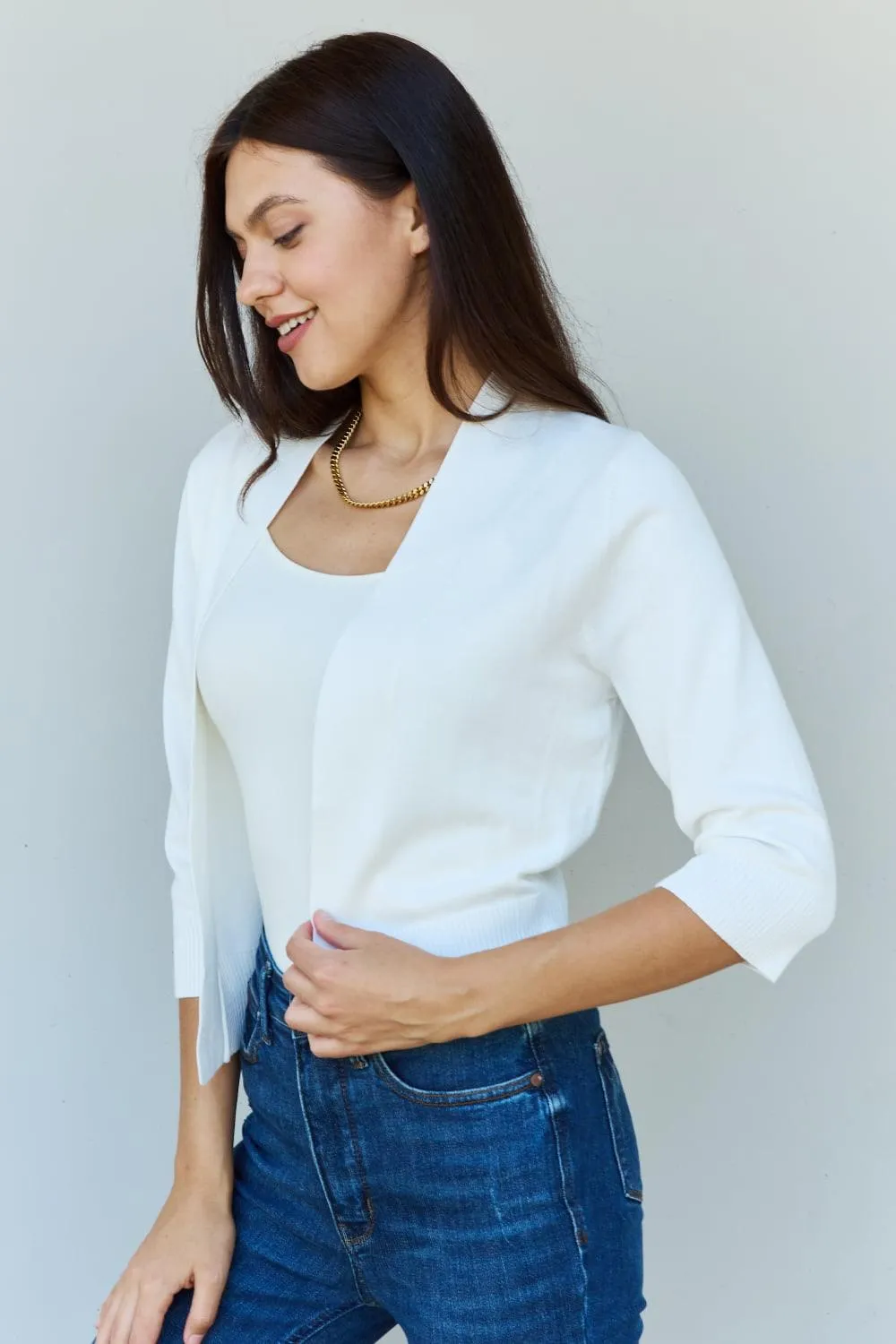 Doublju My Favorite Full Size 3/4 Sleeve Cropped Cardigan in Ivory