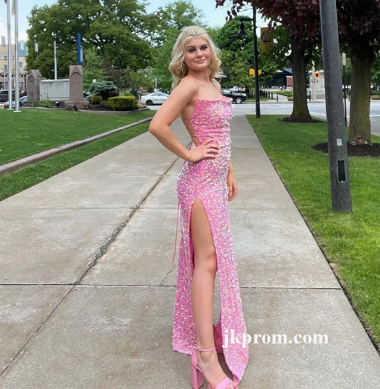 Elegant Side Slit Pink Prom Dresses,Sequin Long Mermaid Party Dress for Wedding