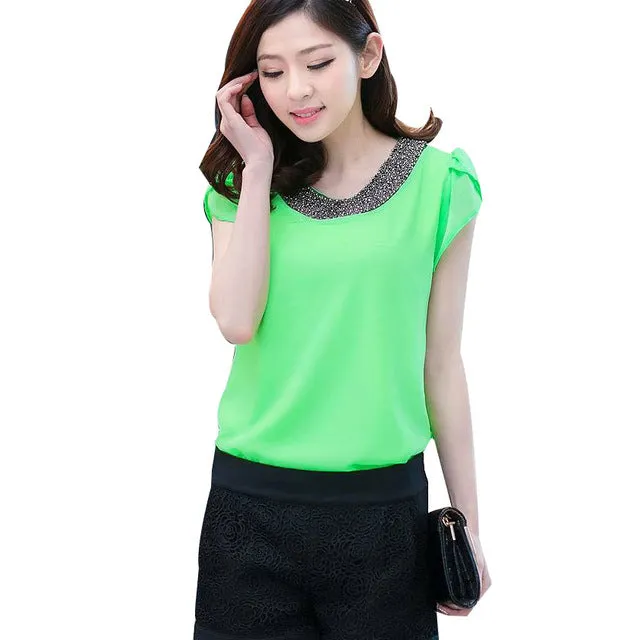 Exclusive 9 Color S-4XL New Blouses Women Loose Chiffon Casual Beading Blouse Pullover Shirt Tops Chemise Femme Big size #1006