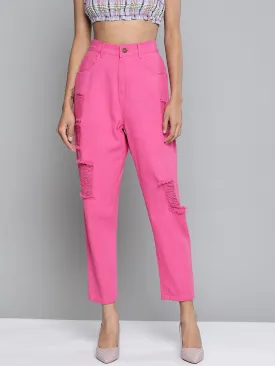 Fuchsia High Waist Distressed Knee Jeans