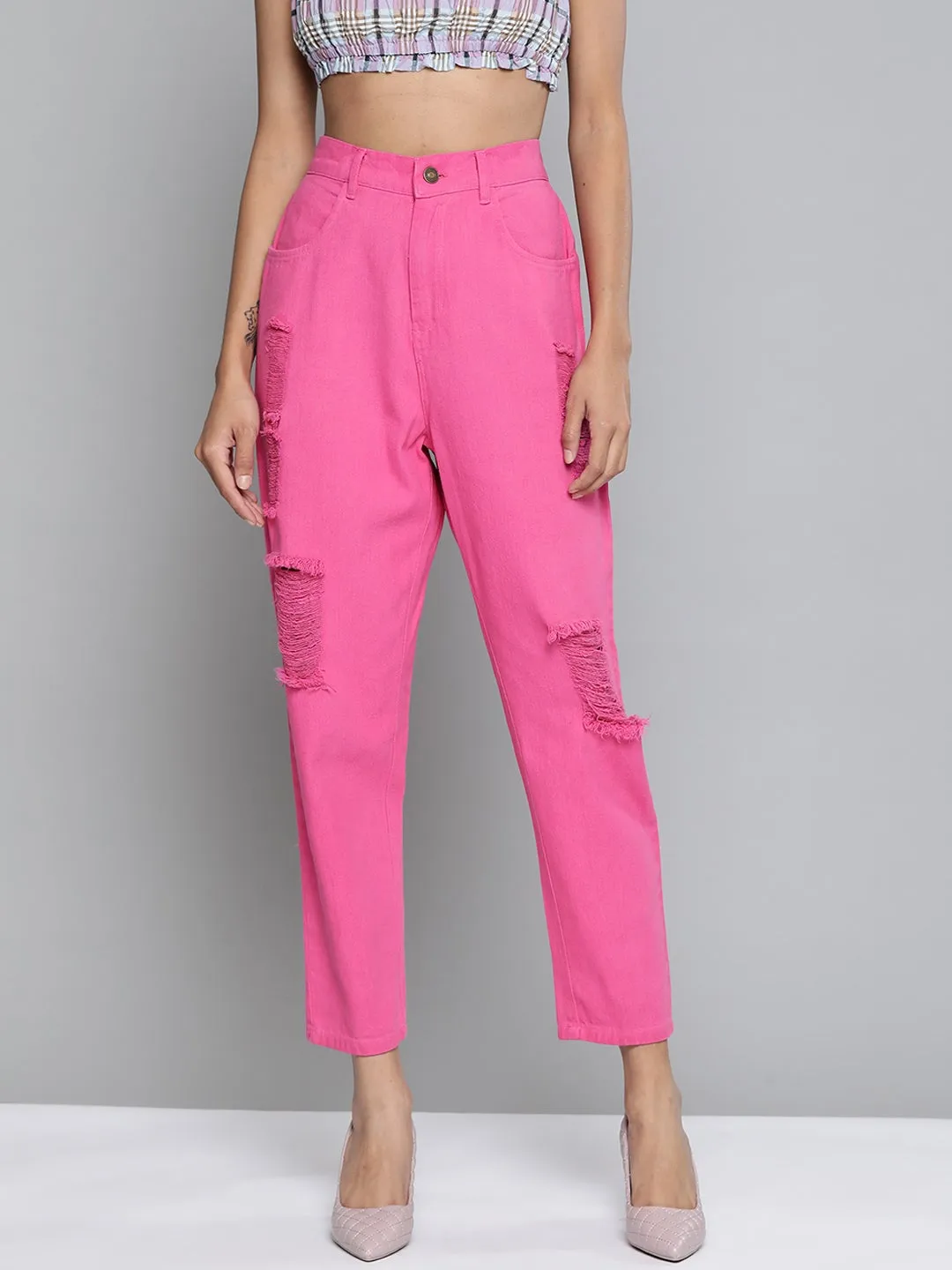 Fuchsia High Waist Distressed Knee Jeans