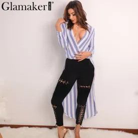 Glamaker Swallowtail striped women blouse shirt 2016 Autumn long sleeve deep v neck loose casual blouse blusas Party sexy tops