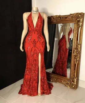 Glittery Mermaid Red Prom Gown,Floor length Gala Evening Dresses