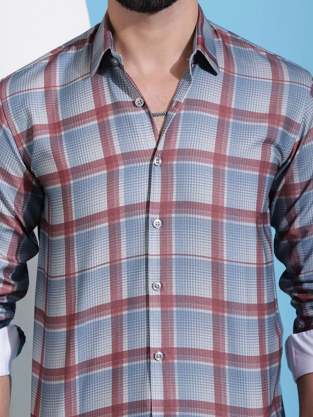 Grey Checked Cotton Casual Shirt For Men