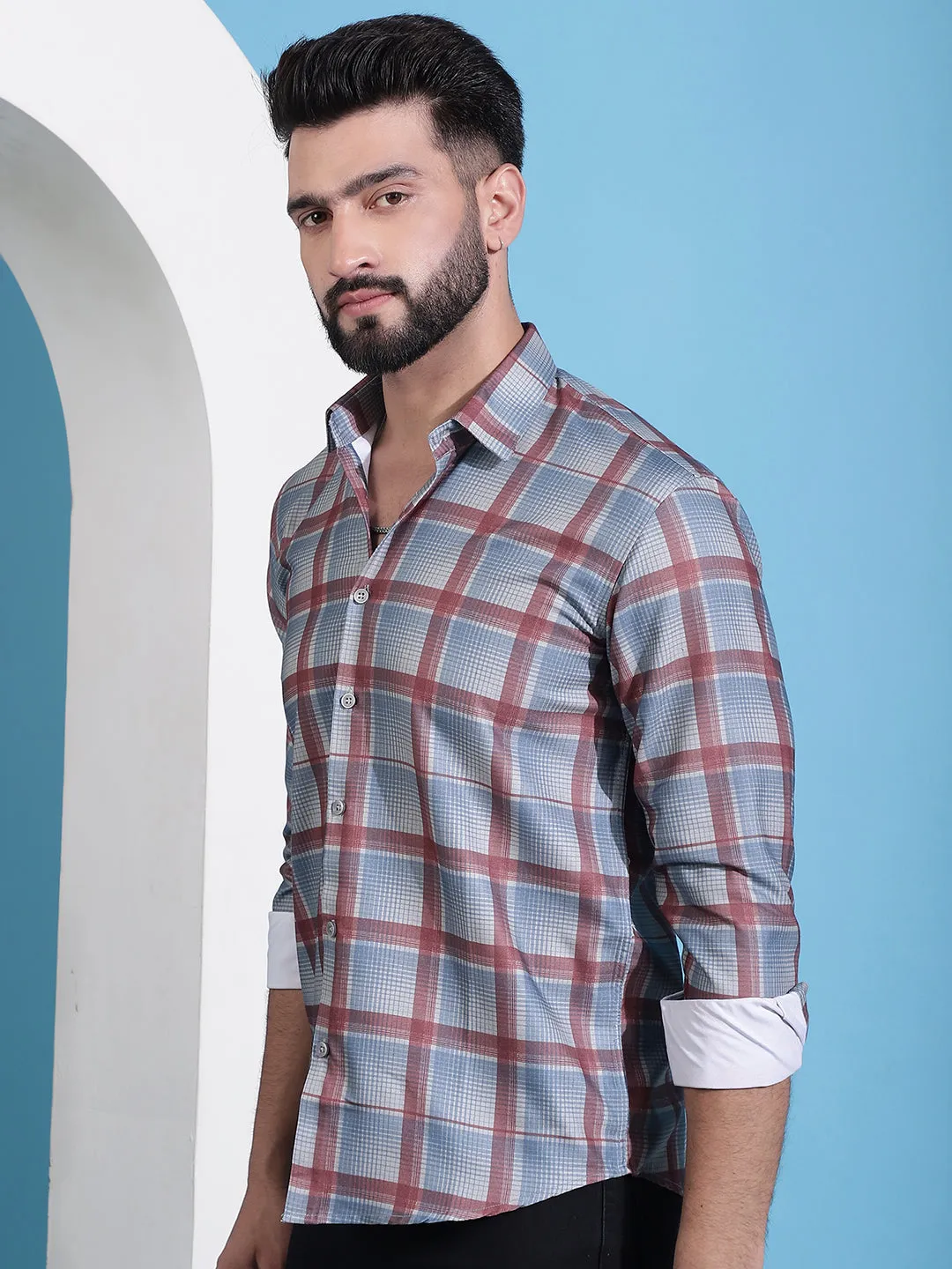 Grey Checked Cotton Casual Shirt For Men