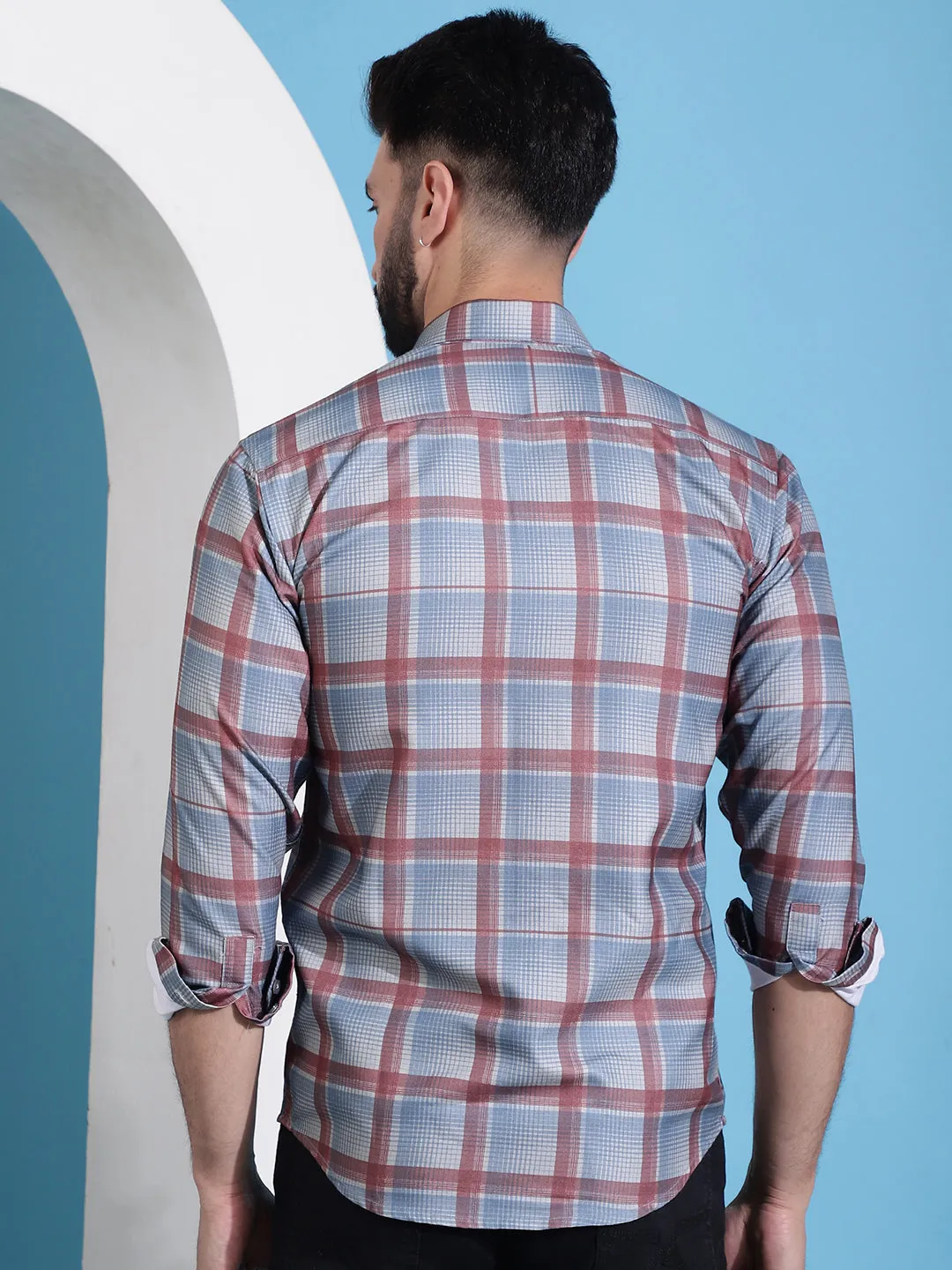 Grey Checked Cotton Casual Shirt For Men