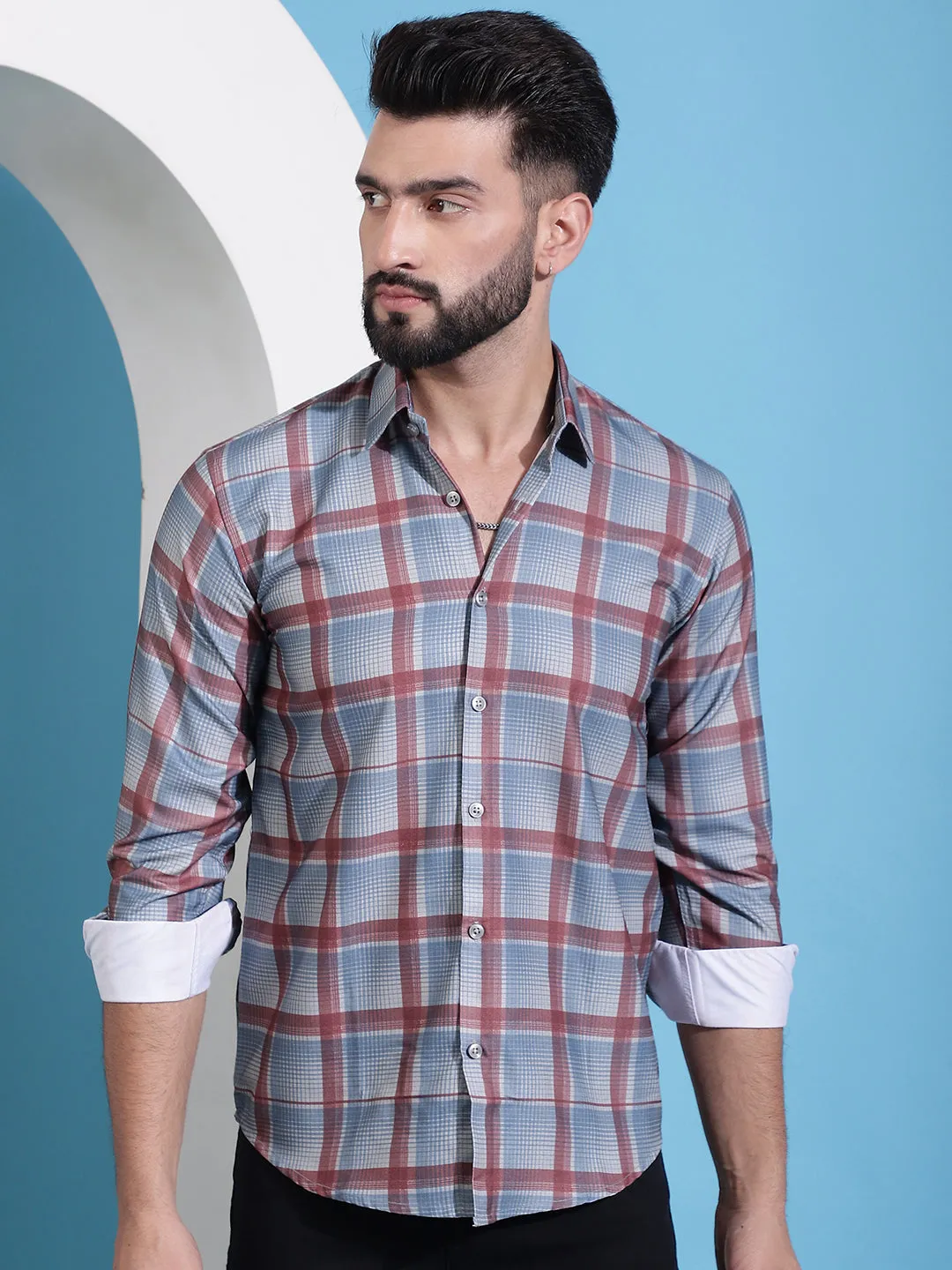 Grey Checked Cotton Casual Shirt For Men