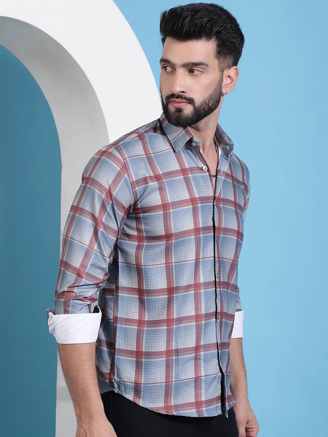 Grey Checked Cotton Casual Shirt For Men