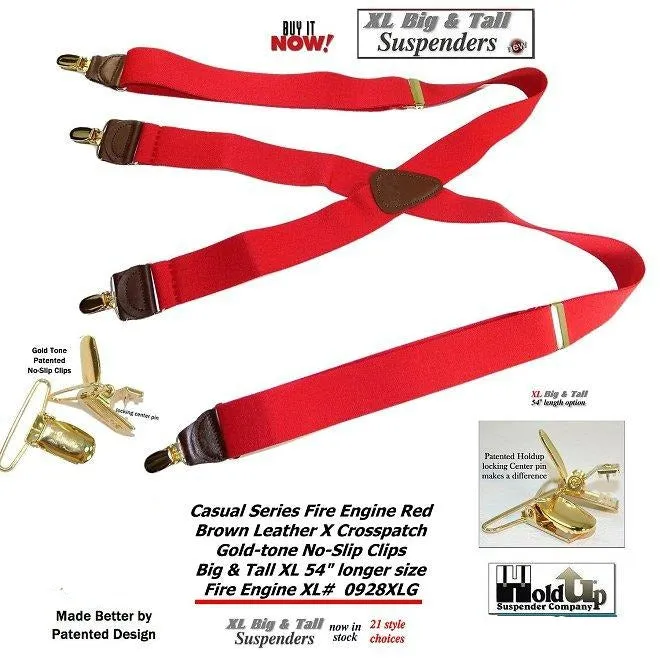 Holdup brand XL Fire Engine Red X-back Style Suspenders for the Big and Tall man with Patented No-slip Gold-tone Clips