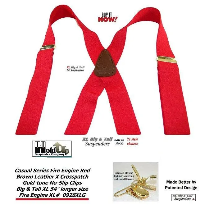 Holdup brand XL Fire Engine Red X-back Style Suspenders for the Big and Tall man with Patented No-slip Gold-tone Clips