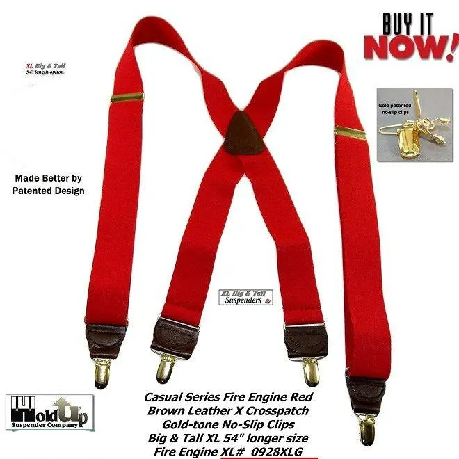 Holdup brand XL Fire Engine Red X-back Style Suspenders for the Big and Tall man with Patented No-slip Gold-tone Clips