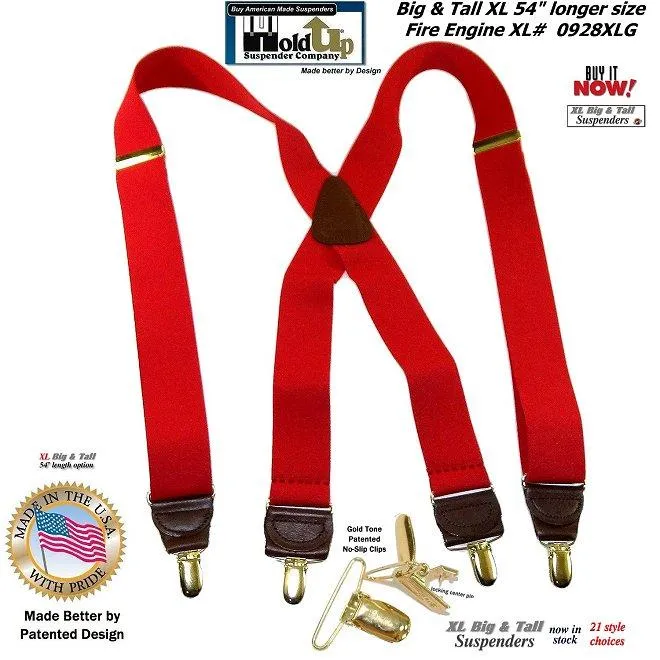 Holdup brand XL Fire Engine Red X-back Style Suspenders for the Big and Tall man with Patented No-slip Gold-tone Clips