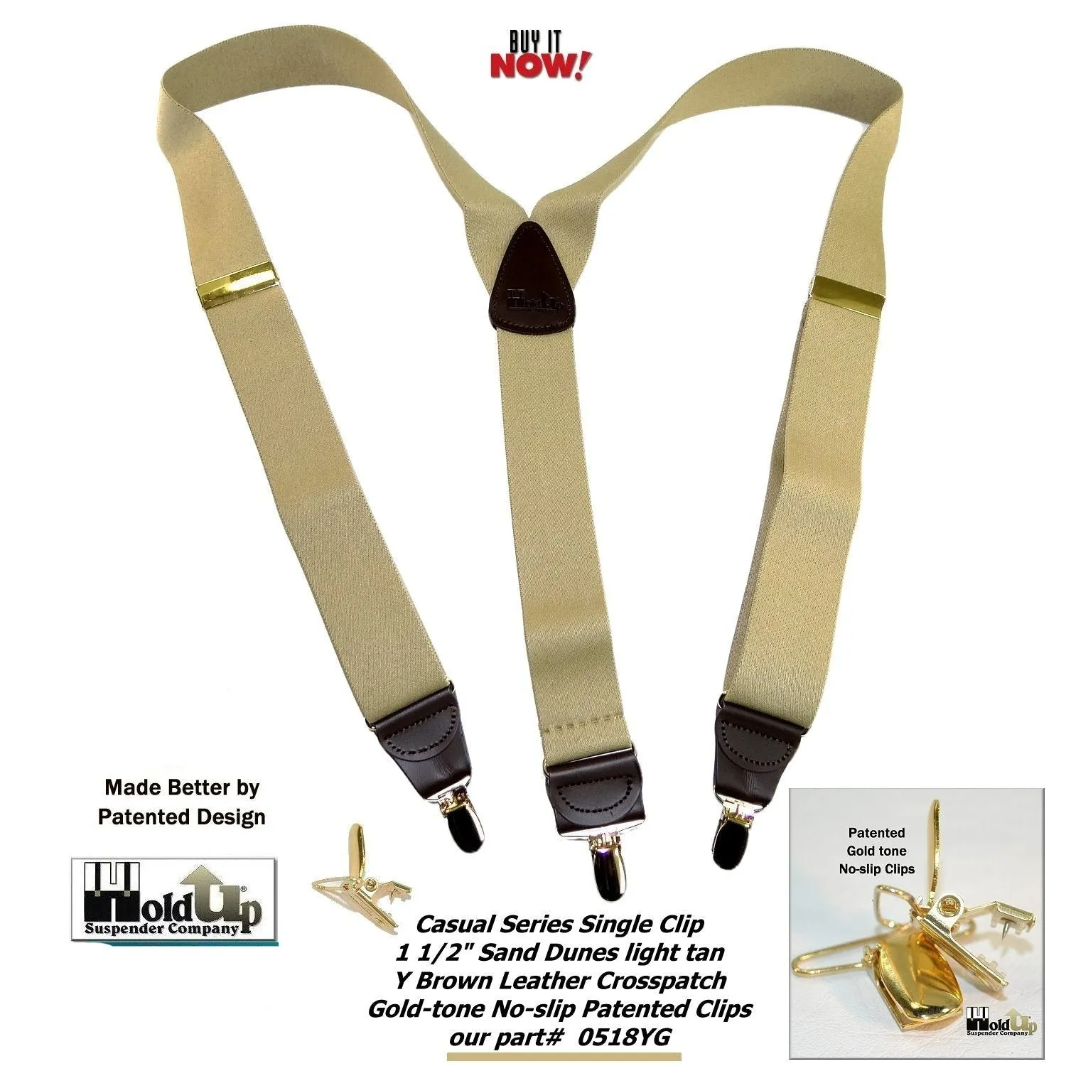 Holdup Casual Series Sand Dunes Tan Y-back Suspenders with USA Patented Gold-tone No-Slip  Clips