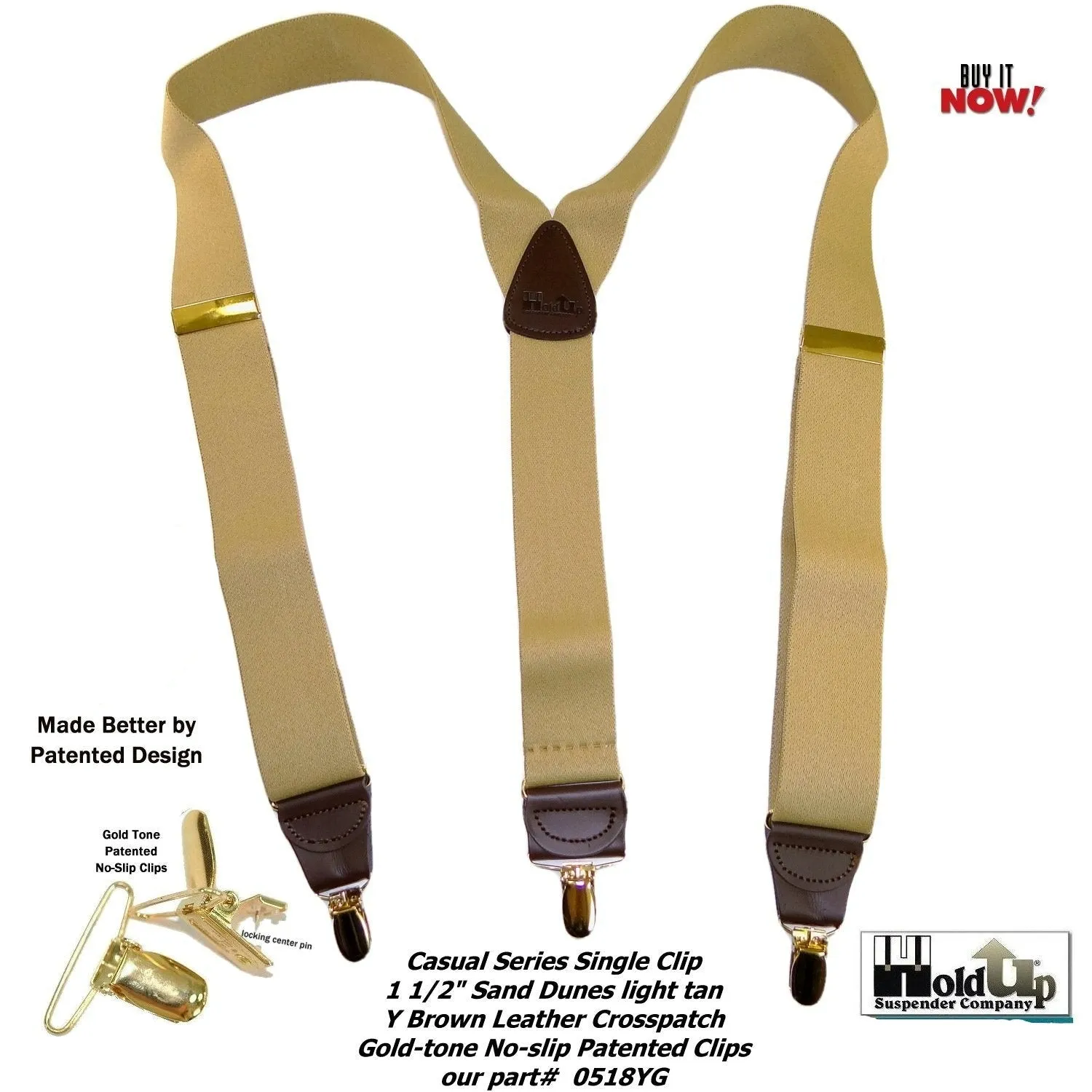 Holdup Casual Series Sand Dunes Tan Y-back Suspenders with USA Patented Gold-tone No-Slip  Clips